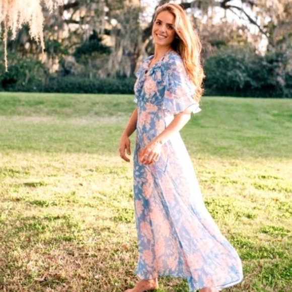 Gal Meets Glam Maxi Blue Pink Floral Shelby Dress Tie Neck Size 4 - Picture 3 of 10